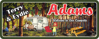 Campsite welcome sign, personalized RV decor with couple & grilling