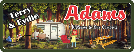 Campsite welcome sign, personalized RV decor with couple & grilling