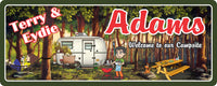 Campsite welcome sign, personalized RV decor with couple & grilling