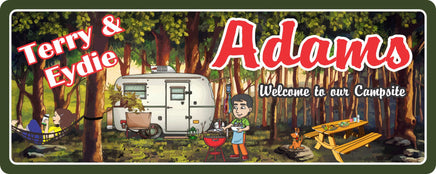 Campsite welcome sign, personalized RV decor with couple & grilling