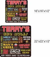 Personalized BBQ Rules Sign with faux wood-grain background, bright lettering, and images of BBQ pit, tools, and food