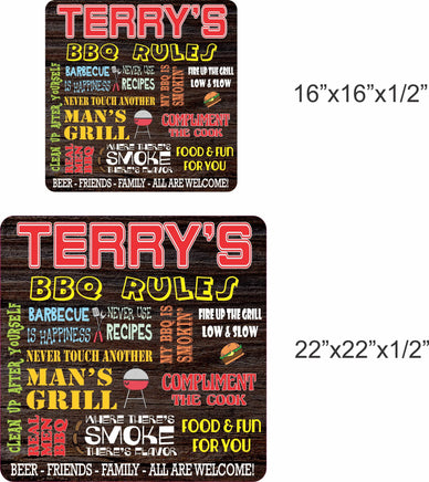 Personalized BBQ Rules Sign with faux wood-grain background, bright lettering, and images of BBQ pit, tools, and food