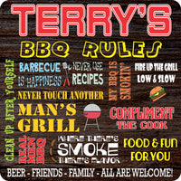 Personalized BBQ Rules Sign with faux wood-grain background, bright lettering, and images of BBQ pit, tools, and food