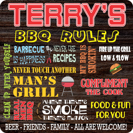 Personalized BBQ Rules Sign with faux wood-grain background, bright lettering, and images of BBQ pit, tools, and food
