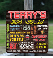 Personalized BBQ Rules Sign with faux wood-grain background, bright lettering, and images of BBQ pit, tools, and food