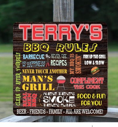 Personalized BBQ Rules Sign with faux wood-grain background, bright lettering, and images of BBQ pit, tools, and food