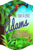Welcome Escape to Paradise Custom Sign with Parrot, Butterfly and Lizard