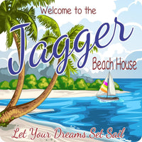 Custom personalized beach house welcome sign with blue skies, golden sands, azure waters, swaying palm trees, and a sailboat, featuring editable text
