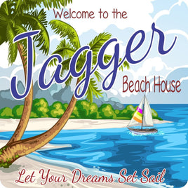 Tropical Beach House Welcome Sign with Ocean, Sailboat and Palm Trees