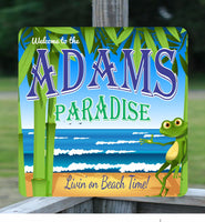 Personalized Beach Welcome Sign with Frog and Ocean Waves