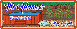 Personalized Backyard Hot Tub Welcome Sign With Plants, Towels, And Decking