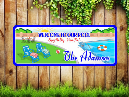 Custom Welcome Sign With Pool, Loungers, And Sun