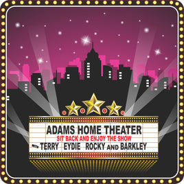 Personalized Home Theater Sign with City Silhouette, Stars, Flashbulb Border, and Cinema Marquee