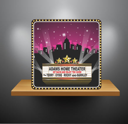 Personalized Home Theater Sign with City Lights and Marquee Font