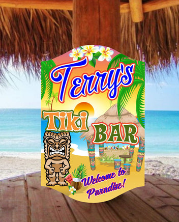 Personalized Tiki Bar Welcome Sign with Beach Scene, Tiki Totem