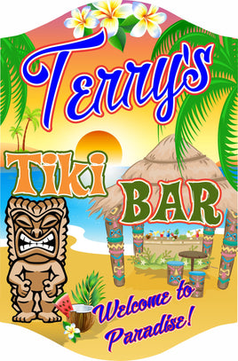 Personalized Tiki Bar Welcome Sign with Beach Scene, Tiki Totem