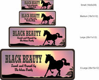 Personalized Horse Stall Sign with Pink Sunset and Silhouette