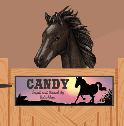 Personalized Horse Stall Sign with Pink Sunset and Silhouette