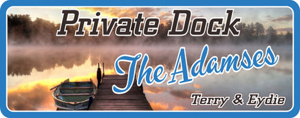Boat Dock Sign with Sunset and Row Boat