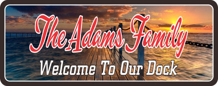 Boat Dock Welcome Sign with Sunset and Pier
