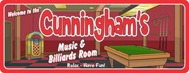 Personalized Music & Billiards Room Sign with Retro Jukebox & Pool Table Design