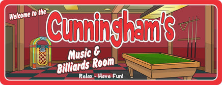 Personalized Music & Billiards Room Sign with Retro Jukebox & Pool Table Design