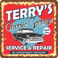  Personalized vintage style garage sign with distressed border, classic car imagery, and retro fonts.