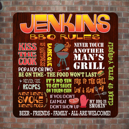 Custom BBQ Rules Sign with Funny Phrases – Personalized Outdoor BBQ Wall Art for Backyard