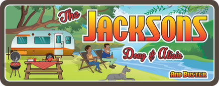 Custom RV Sign with African-American Couple and Dog by River
