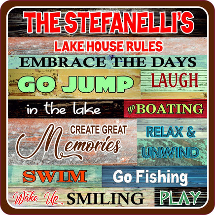 Personalized lake house rules sign with custom text, ideal for wall decor in your retreat by the lake."