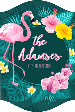 Custom Flamingo Sign with vibrant tropical design and personalized text, perfect for adding personalized tropical décor.