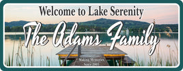 Image of Custom Lake Dock Sign with Scenic Lake and Mountain Background - Personalized Outdoor Décor