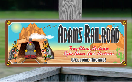 Personalized Train Sign with Tunnel and Desert Scene - Cartoon train chugging through desert tunnel, customized with name for unique decor