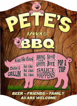 Personalized BBQ Pig Sign with Rustic Design and Customizable Text in Burlwood