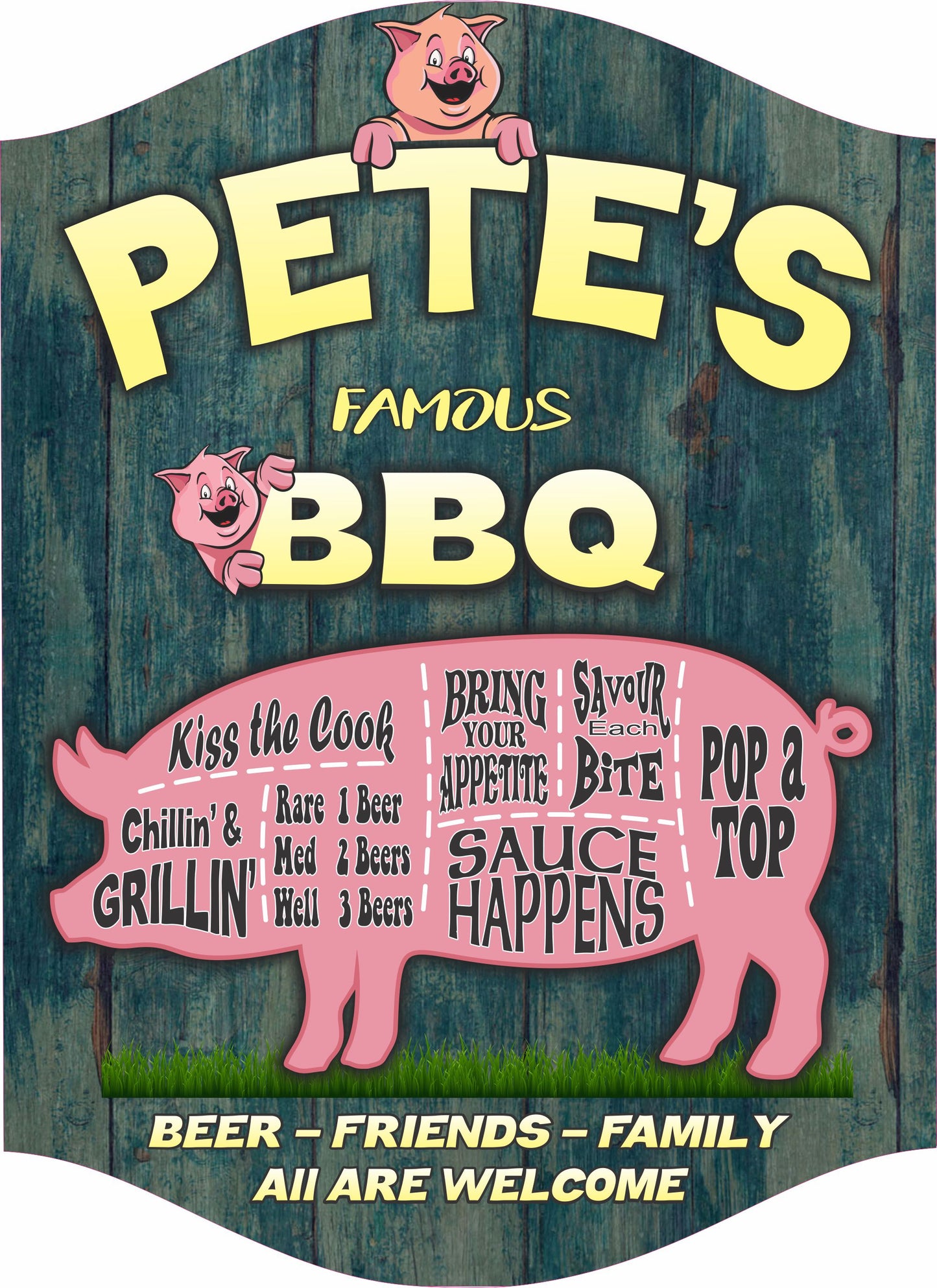 personalized bbq pig sign with grilling sayings on distressed teal wood-style printed backgroundin Blue