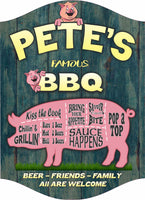 Personalized BBQ Pig Sign with Rustic Design and Customizable Text in Blue