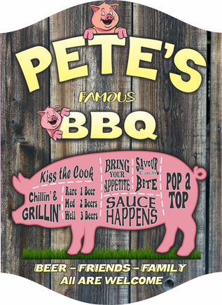 Personalized BBQ Pig Sign with Rustic Design and Customizable Text in Weathered Gray