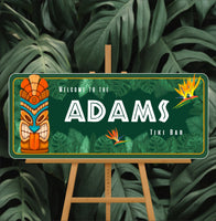 Tropical Personalized Tiki Bar Sign with Tiki Totem and Bird of Paradise Flowers Design