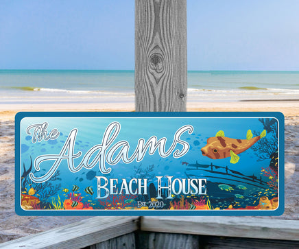 Tropical Decor Personalized Beach House Sign with Underwater Coral Reef Design