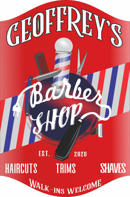 Personalized Barbershop Sign in Red with Striped Barber Pole Design