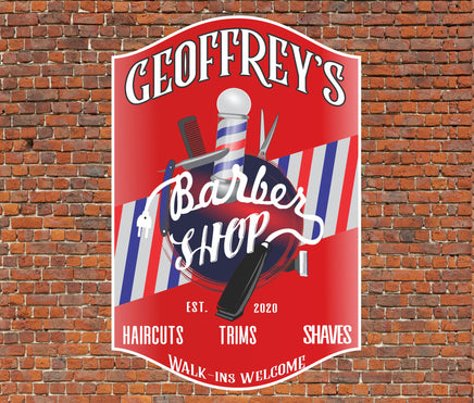 Personalized Barbershop Sign in Red with Striped Barber Pole Design