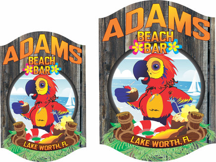 Personalized Beach Bar Sign with Tropical Parrot and Coconuts Design