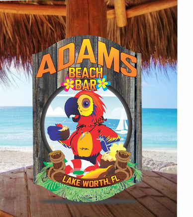 Personalized Beach Bar Sign with Tropical Parrot and Coconuts Design