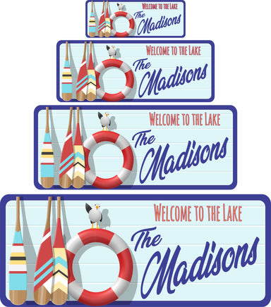 Personalized sign with welcome to the lake quote, oars, life preserver, and seagull design