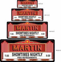 Movie marquee sign in red and white, personalized with family name