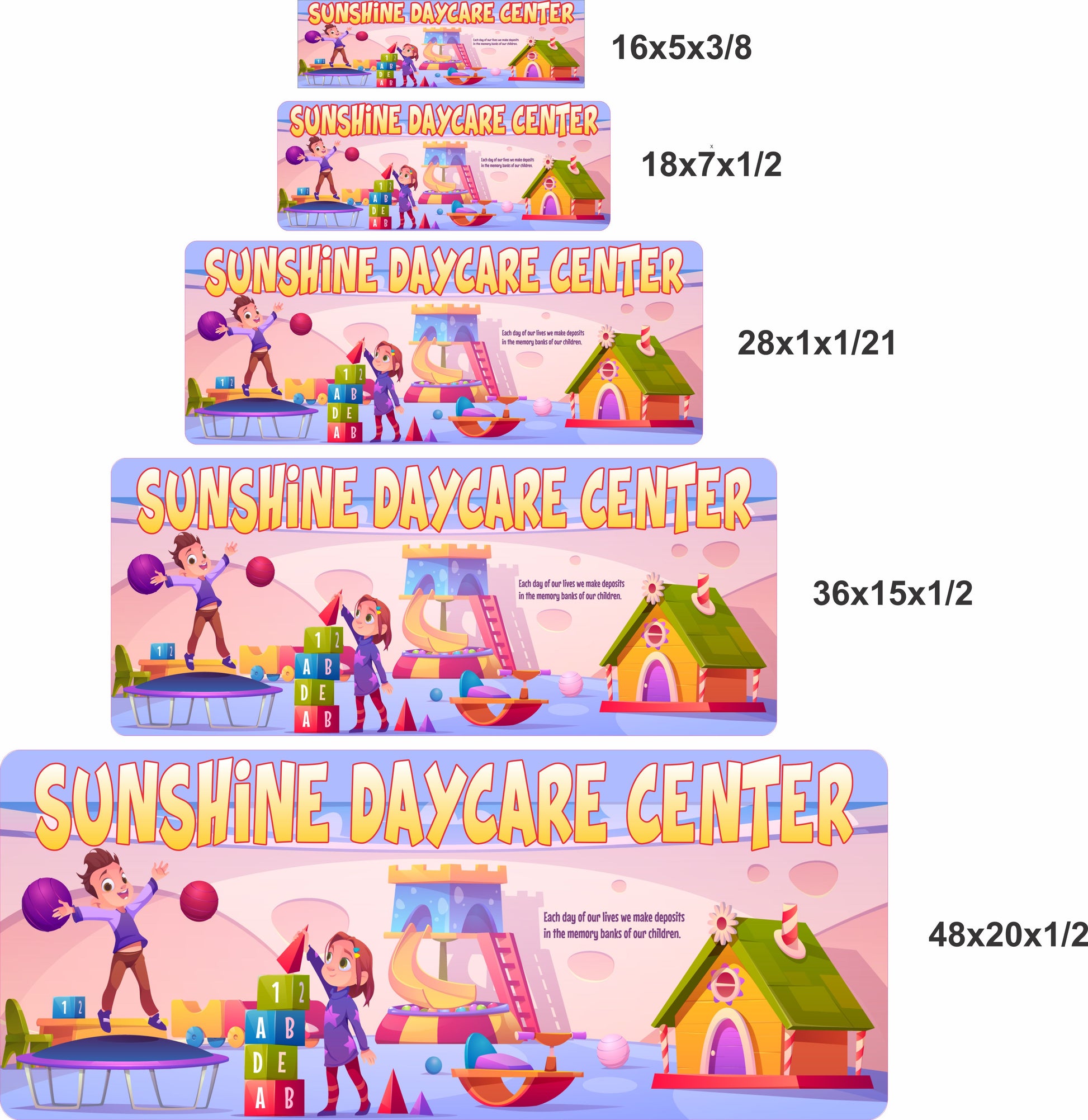 Personalized daycare sign shown in 5 sizes from 16x5 to 48x20 inches, rope or keyhole hanger options
