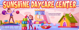 Personalized daycare center sign depicting kids playing with toys