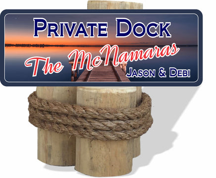 Image of Custom Private Dock Sign with Tranquil Water & Sunset - Personalized Nautical Decor