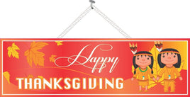 Red & Gold Thanksgiving Sign with Native American Kids