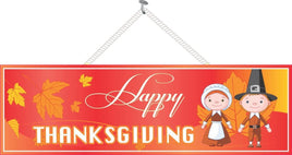 Pilgrim Kids Thanksgiving Sign with Falling Leaves